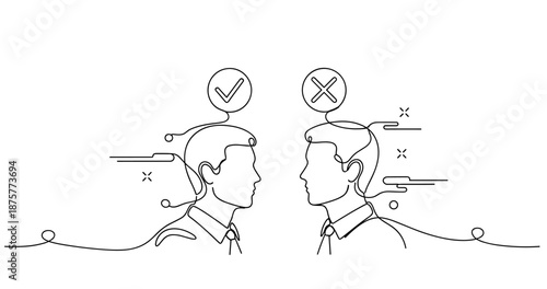 Line drawing of two caucasian male profiles with opposing symbols, no editable stroke