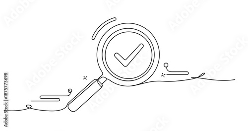 Minimalist line art magnifying glass with checkmark icon, no editable stroke