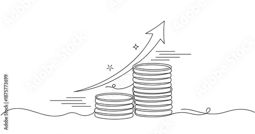 Rising profit concept: minimalist line drawing of stacked coins and arrow, no editable stroke