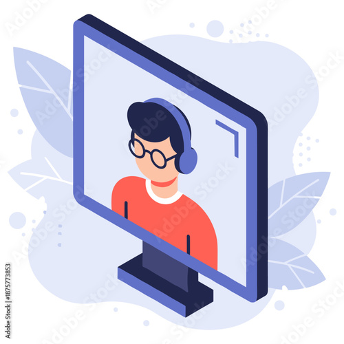 Abstract illustration of male with headphones in virtual meeting setting