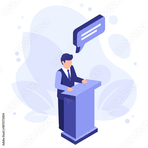 Male speaker at podium with speech bubble in abstract background