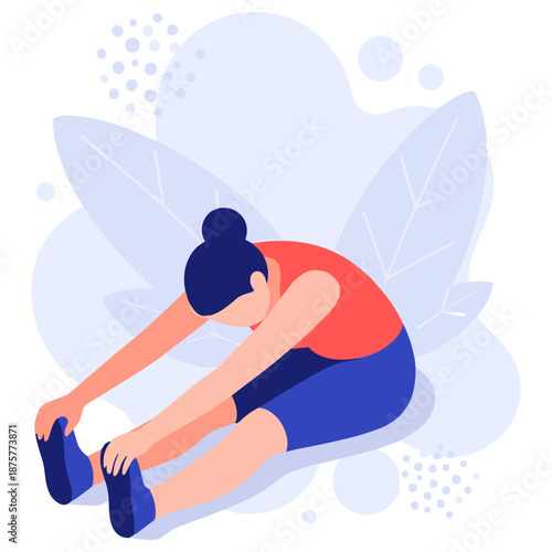 Young caucasian female stretching in athletic wear with abstract background