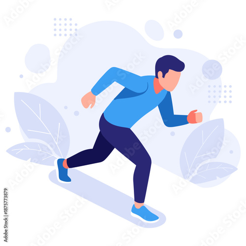 Young caucasian male running in nature: blue athletic outfit and energetic movement