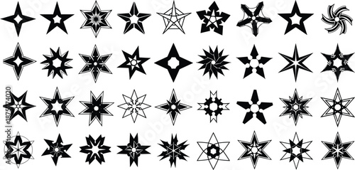 Comprehensive Set of Black Star Silhouettes and Ninja Shuriken Icons Featuring Various Geometric Shapes and Throwing Stars Isolated on White Background for Graphic Design