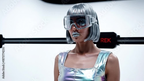 Futuristic Fashion Portrait Woman Silver Goggles Metallic Makeup Iridescent Clothing Sci Fi Aesthetic Studio Shot High Tech Style
