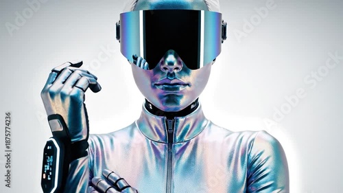 Futuristic Cyberpunk Woman in Iridescent Suit and Mirrored Visor High Tech AI Fashion Portrait Studio Shot