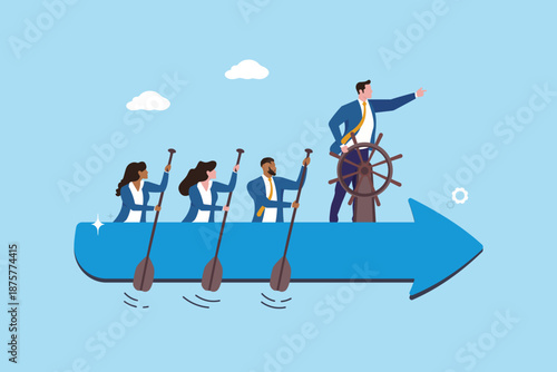 Diverse business team sailing. leadership teamwork and direction business strategy illustration, people forward arrow boat rowing, startup goal achievement and company growth vector clipart