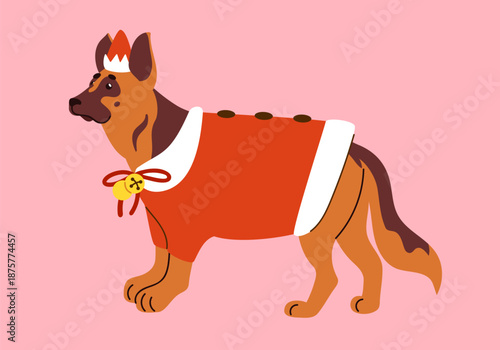 Festive German Shepherd wearing a red Santa suit and hat, proudly with wagging tail, friendly expression, clean vector lines, bold flat colors, holiday-themed accents like snowflakes