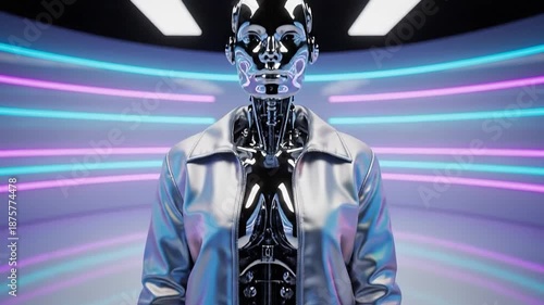 Futuristic Cyborg Fashion Model in Silver Bomber Jacket and Metallic Pants Standing in Neon Lit Sci Fi Studio Robotics Technology AI Concept