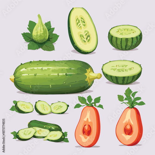 Set of Fresh Cucumber Slices and Mixed Vegetable Illustrations in Flat Vector Style