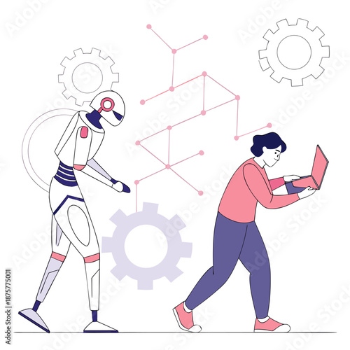 Robot and a woman working together with laptop and gears