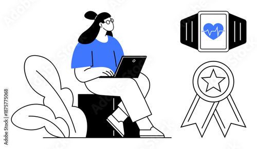 Remote work, technology, health tracking, recognition, lifestyle balance, digital innovation. Woman using laptop, smartwatch with heartbeat icon award badge. Technology and health tracking concept