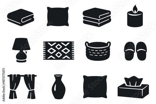 Flat graphic household items set featuring pillows, blankets, lamps, and slippers for domestic comfort