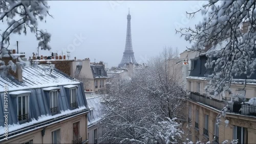 Ultra HD Snowy paris cityscape with the iconic eiffel tower framed by snowladen branches and historic rooftops in winter video