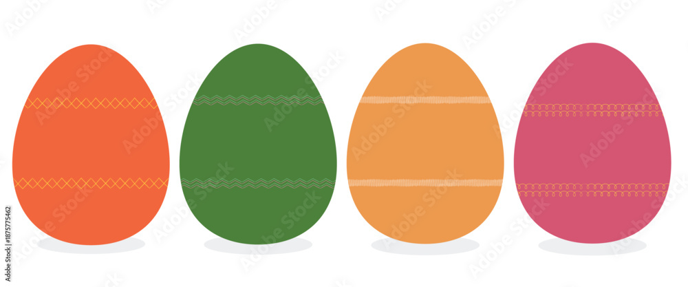 Fototapeta premium Four vibrant decorated Easter eggs lined up in a row, featuring modern geometric patterns and bright spring colors. Isolated vector illustration for spring holiday design.