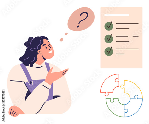 Decision-making, problem-solving, education, planning, tasks, organization. A woman pondering a checklist and a colorful puzzle. Decision-making and problem-solving concept