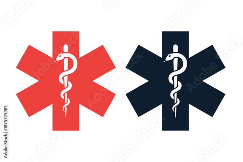 Red and black medical star of life symbols on for medical concepts