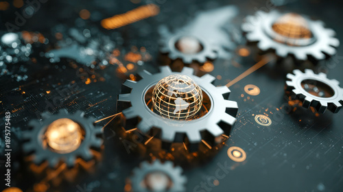 Futuristic global connectivity concept with interlocking gears surrounding illuminated golden digital earth models representing technology and innovation networks