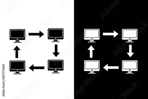 Black and white computer monitors with arrows on split colored backgrounds