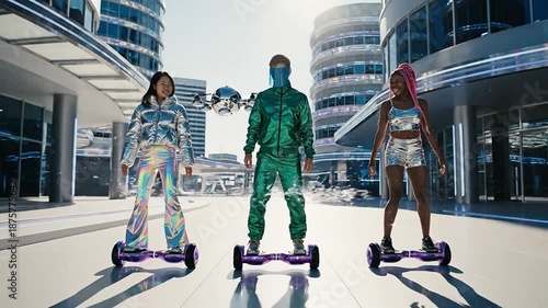 Futuristic people riding hoverboards in modern city architecture High tech fashion urban lifestyle