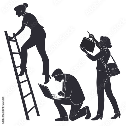 Three business people working together on various tasks