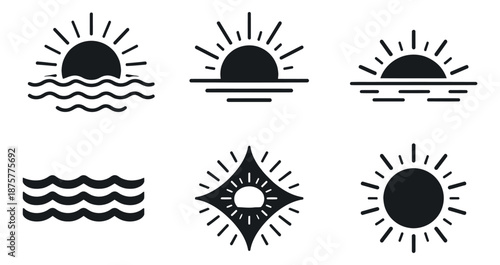 Modern line art sun and wave icon set featuring sunrise, sunset, and ripple symbols for weather and nature design