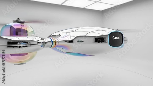 Futuristic iridescent chrome drone flying in minimalist white high tech environment Advanced robotic surveillance vehicle concept 3D render