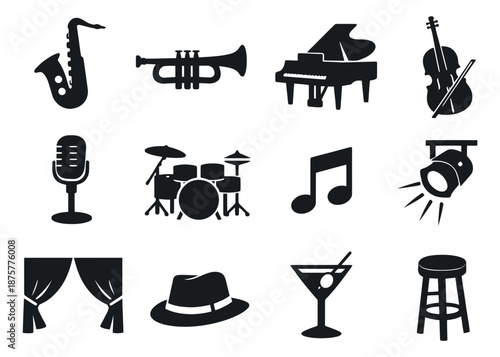 Modern flat icon music and jazz elements set featuring musical instruments, club accessories, and stage props for nightlife entertainment