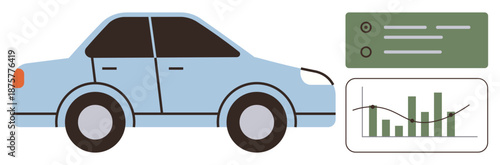 Vehicle technology, data analysis, transportation design, automotive industry, fuel efficiency, smart systems. A blue car next to graphical charts. Vehicle technology and data analysis concept