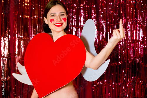 Cheeky Girl in Valentine’s Outfit Showing Middle Finger Gesture