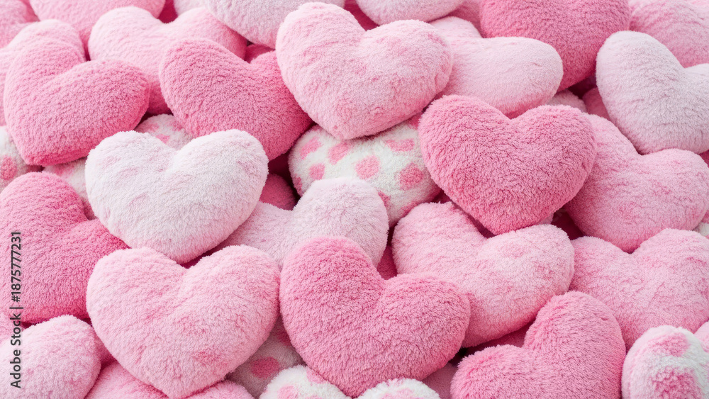 Obraz premium Fluffy pink plush heart shaped toys perfect for Valentine’s Day gifts or romantic decor. Love concept.