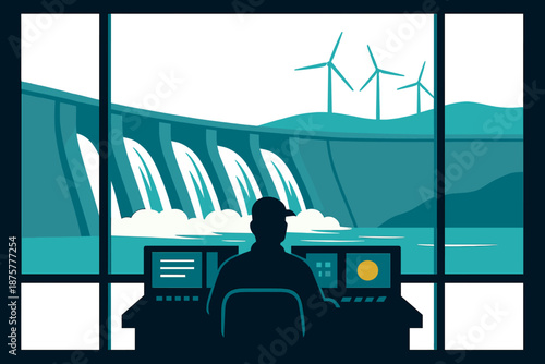 Renewable energy control room with hydro dam and wind turbines in silhouette