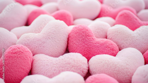 Pink fluffy plush heart shaped toys perfect for Valentine’s Day gifts or romantic decor. Love concept.