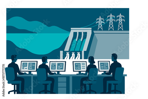 Control room team monitoring hydroelectric power plant in flat design