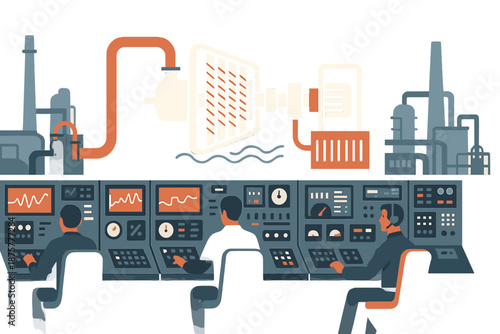 Futuristic control room with engineers monitoring industrial machinery
