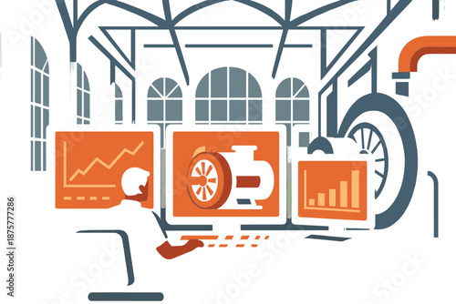 Industrial automation control room with data screens and machinery graphics