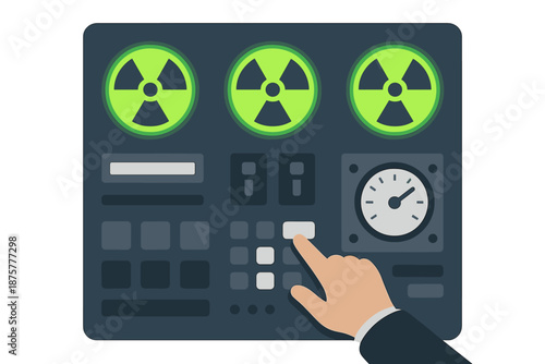 Nuclear power control panel with hand pressing button in flat design