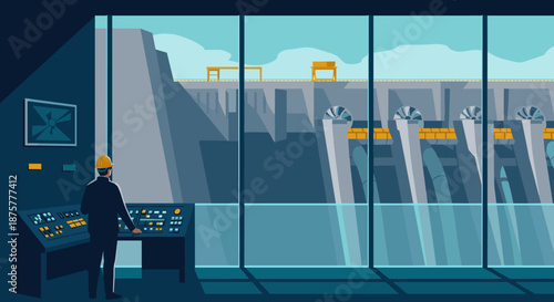 Engineer overseeing hydroelectric dam control room with modern technology