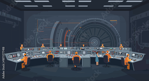 Futuristic control room with engineers and scientists monitoring advanced technology