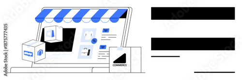 Laptop with striped awning, product images, and e-commerce packaging. Ideal for online shopping, e-commerce, retail, digital marketing, delivery services entrepreneurship trade. Simple flat
