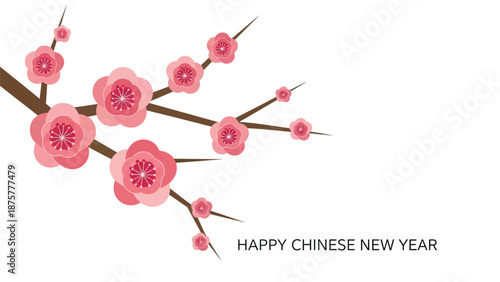Pink plum blossoms on brown branches with 'happy chinese new year' text on white background festive illustration traditional culture symbol