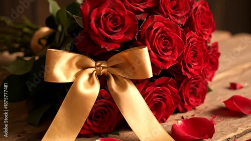 Beautiful bouquet of red roses with a golden ribbon, perfect for celebrating love and special occasions.