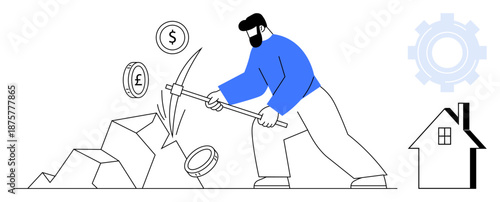 Cryptocurrency, blockchain, mining, digital economy, financial systems, technology. A man manually mining coins with a pickaxe. Cryptocurrency and digital economy conceptual illustration