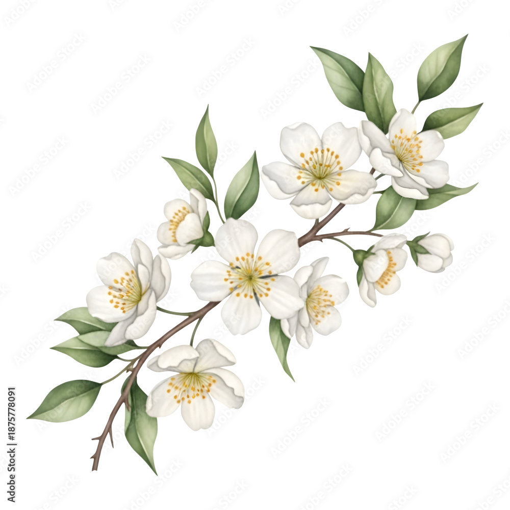 Fototapeta premium Watercolor White Jasmine Flower Branch Illustration isolated PNG with Transparent Background