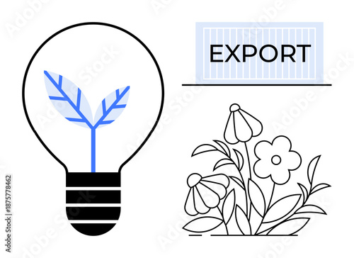 Sustainability, innovation, nature export, eco-friendly solutions, creativity, global trade. A lightbulb with a leaf, flowers and an export container. Sustainability and innovation focus
