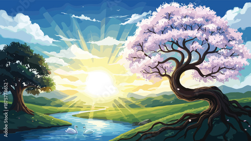 Beautiful Sunrise Landscape Vector with a Flowering Pink Cherry Blossom Tree Overlooking a Winding River and a Pair of White Swans Under Golden Sun Rays
