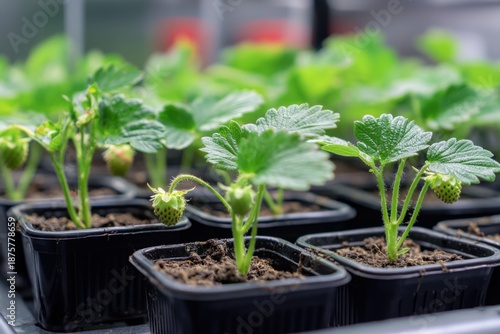 Growing strawberry plants in pots under bright greenhouse lights for an early harvest