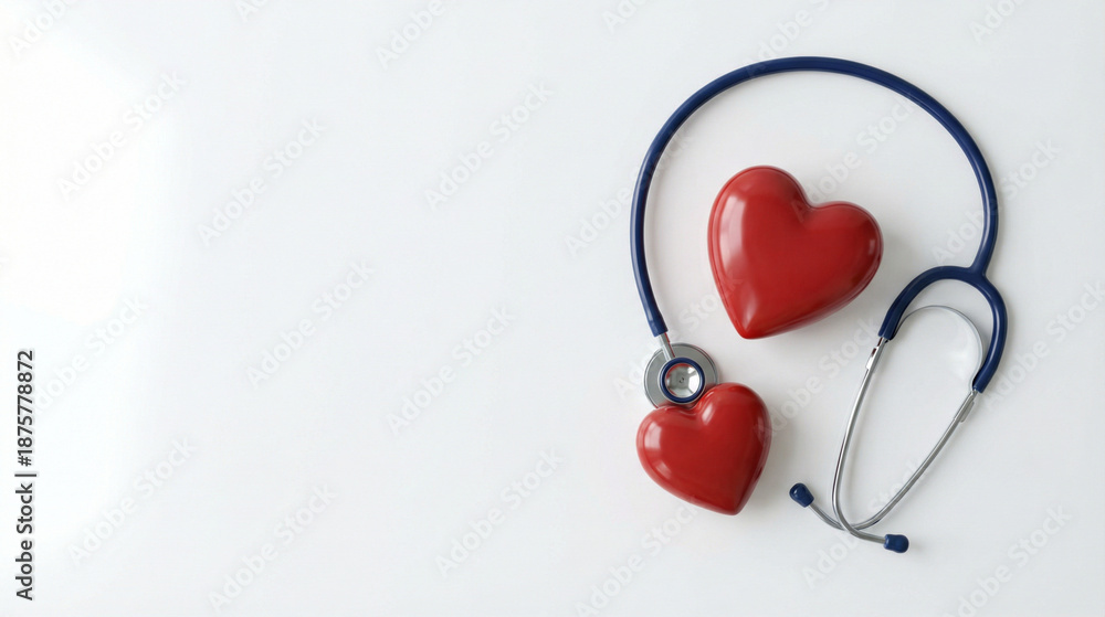 Fototapeta premium Heart and Health: A stethoscope rests alongside two red hearts, representing the importance of cardiovascular health and medical care. A simple yet powerful image highlighting healthcare.