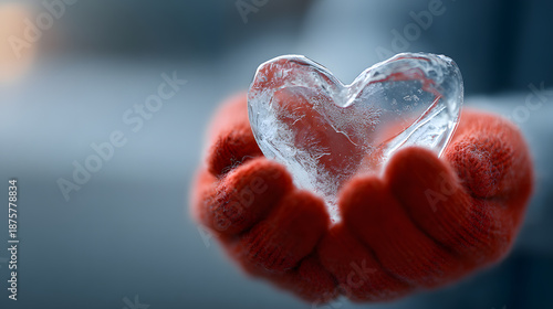 Person in red gloves holding a heart shaped ice sculpture