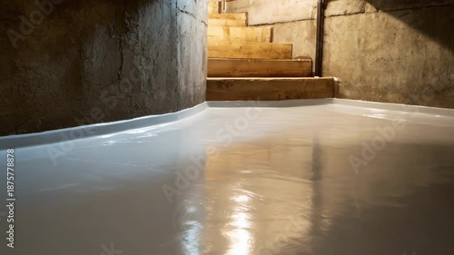 Medium shot showcasing a smooth application of waterproof coatings on basement surfaces emphasizing seamless defense against dampness and leaks.